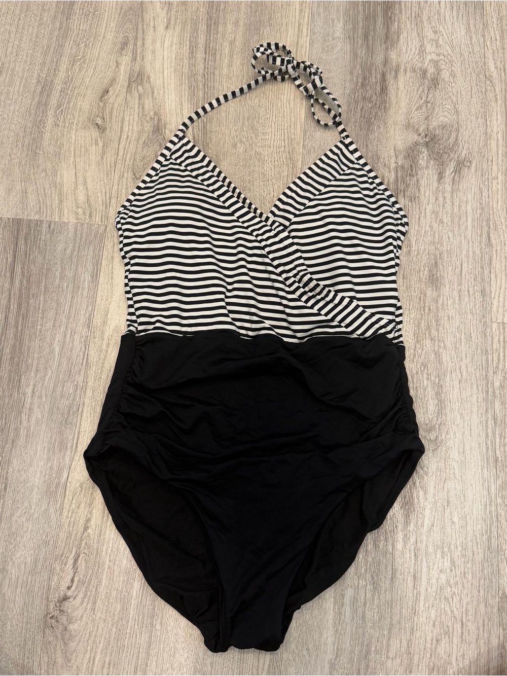 Sunn Lab Swim Black & White Striped Halter One Piece Swimsuit
